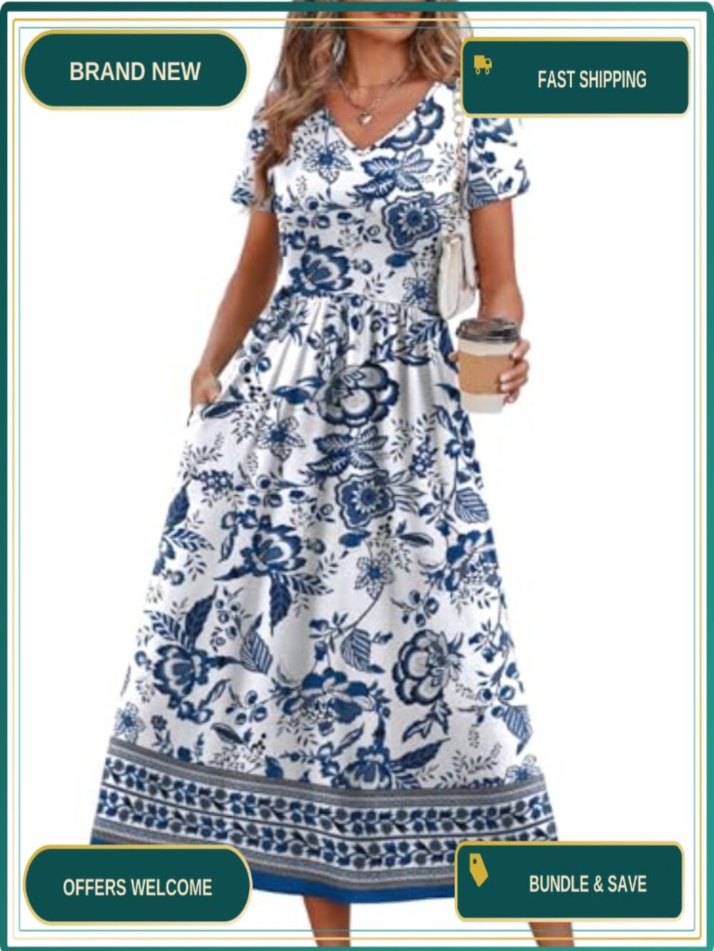 Flowy A-Line Midi Dress with Pockets V-Neck Short Sleeve Casual Summer